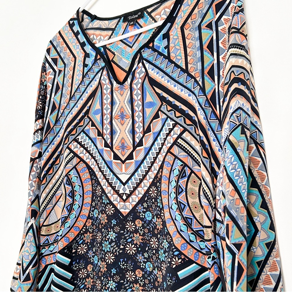 Tolani silk long sleeve blouse abstract print tunic navy blue Anthropologie - Picture 5 of 7